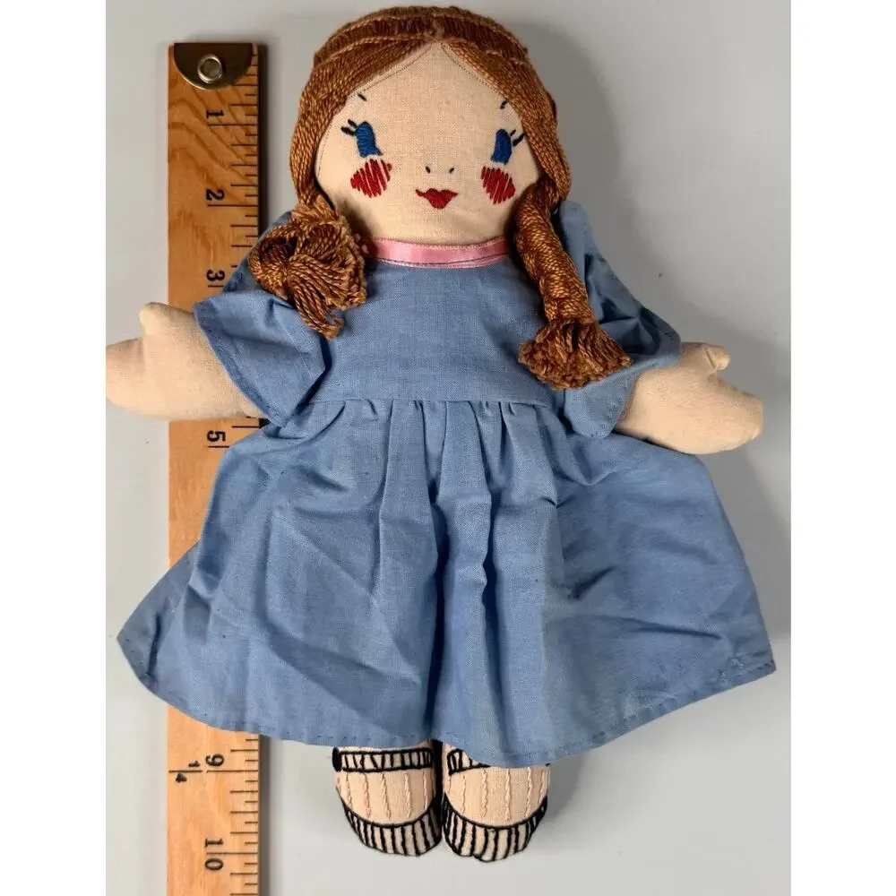 Vintage Handmade Rag Doll Cloth Folk Art Blue Dress Cottagecore Nursery Decor